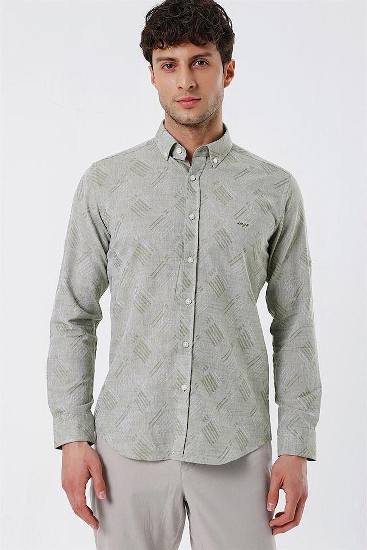 Kısalabilir Kollu Desenli JakarlıCepsiz %100 Pamuk Casual Slim Fit Gömlek 1004230182 Koyu Haki