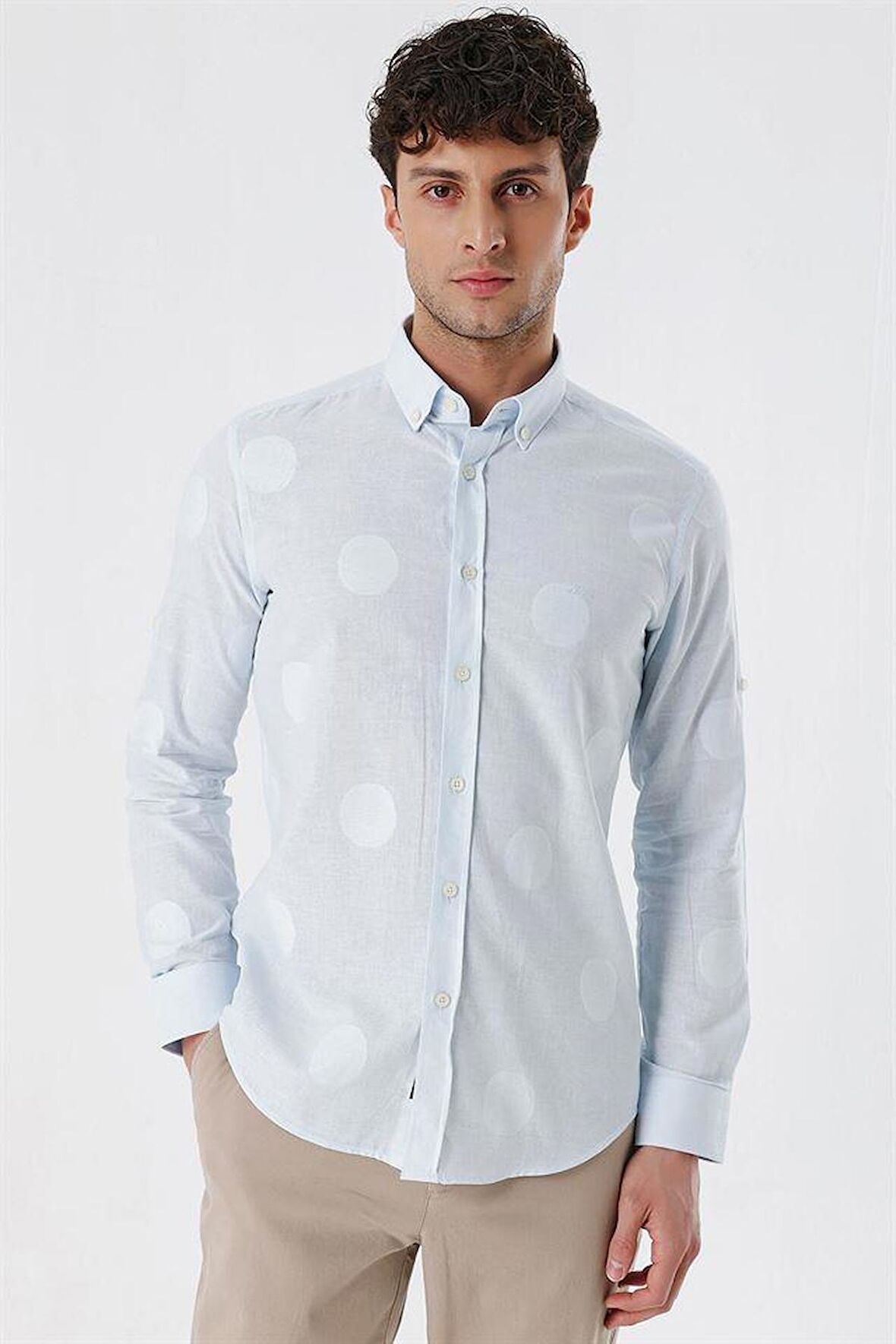 Kısalabilir Kollu Desenli JakarlıCepsiz %100 Pamuk Casual Slim Fit Gömlek 1004230183 Koyu Mavi