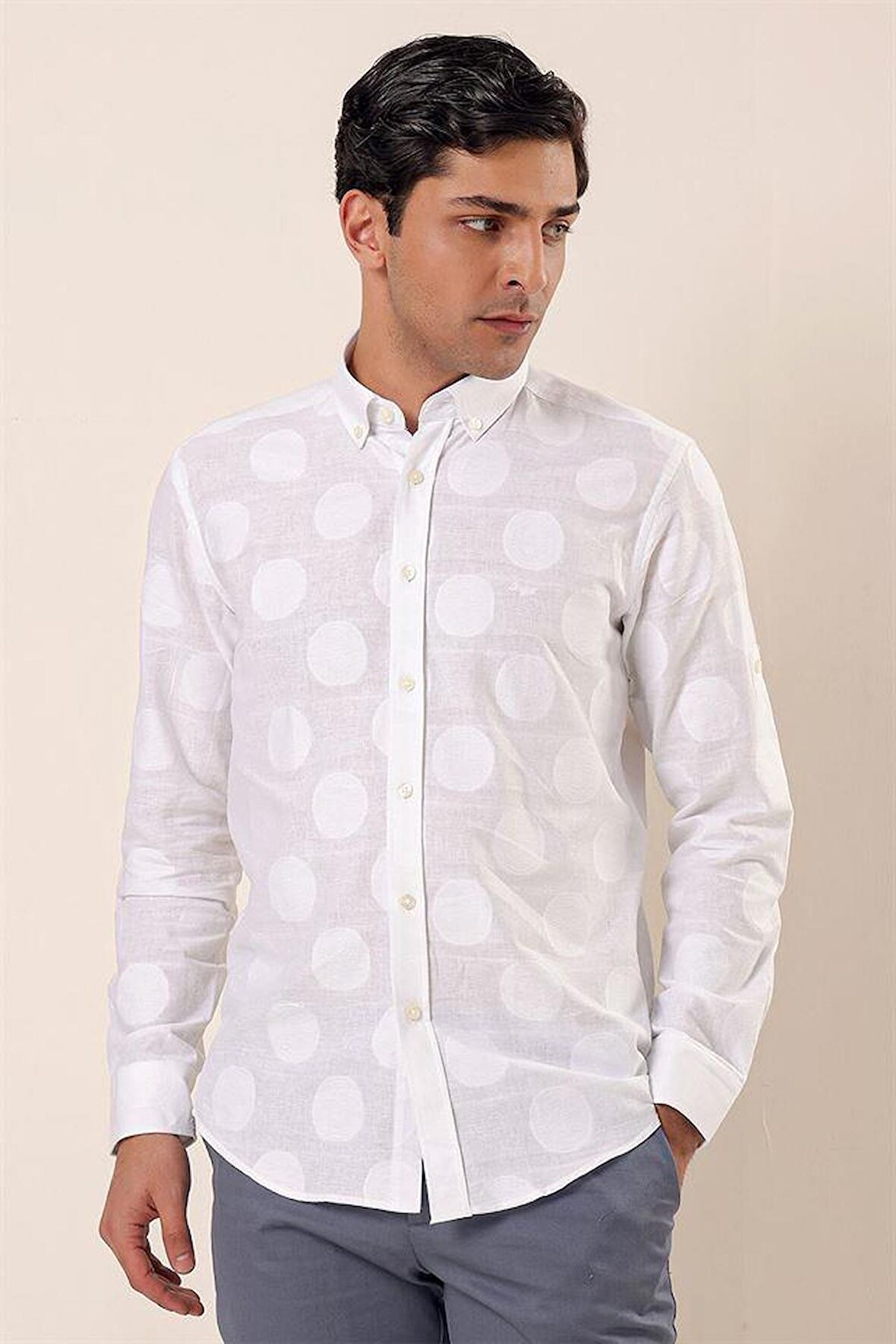 Kısalabilir Kollu Desenli JakarlıCepsiz %100 Pamuk Casual Slim Fit Gömlek 1004230183 Beyaz