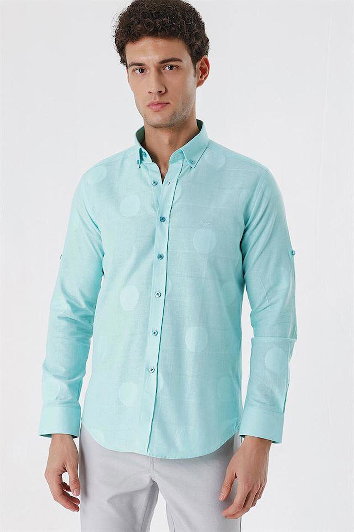 Kısalabilir Kollu Desenli JakarlıCepsiz %100 Pamuk Casual Slim Fit Gömlek 1004230183 Açık Yeşil