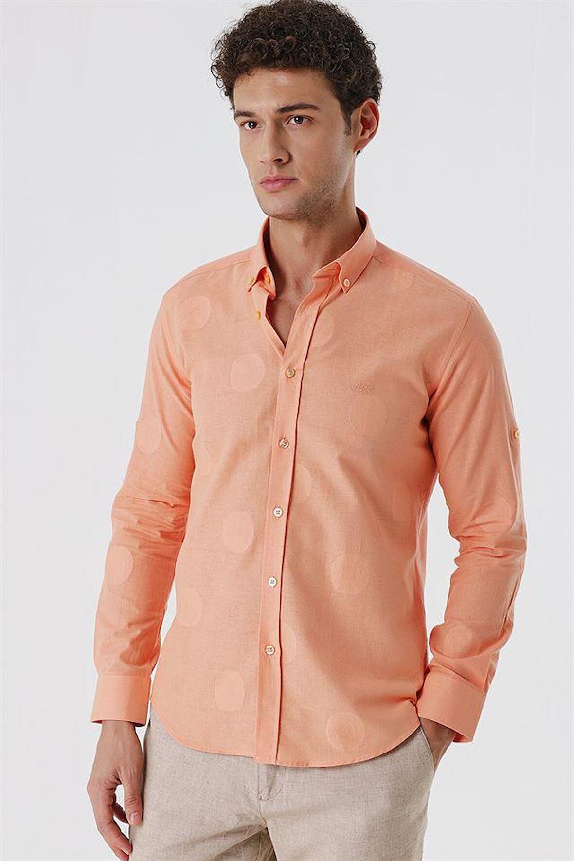 Kısalabilir Kollu Desenli JakarlıCepsiz %100 Pamuk Casual Slim Fit Gömlek 1004230183 Somon