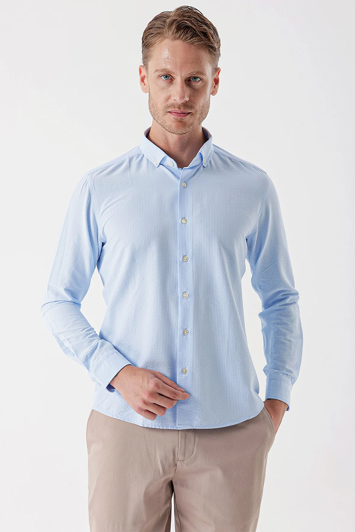 Koyu Mavi Uzun Kollu Çizgili Gofreli Cepsiz Klasik Slim Fit Dar Kesim Gömlek 1004230233