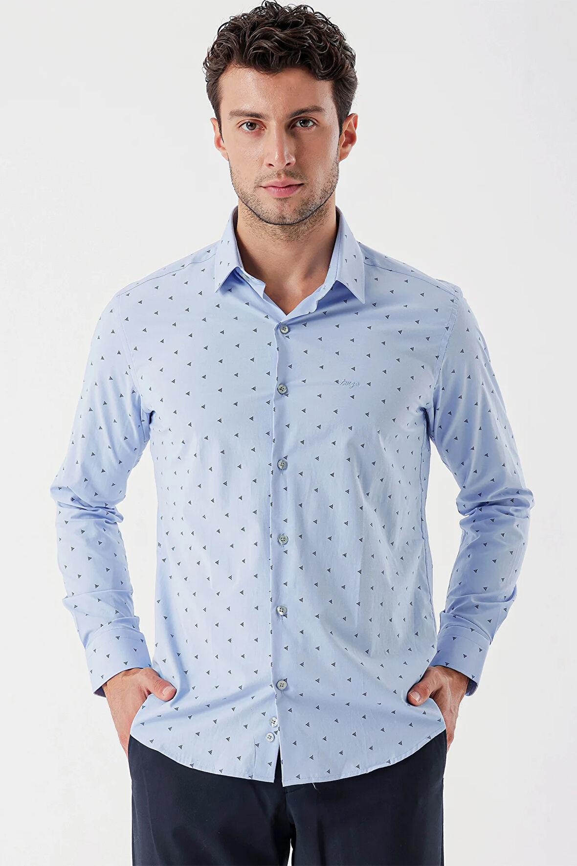 Koyu Mavi Uzun Kollu Baskılı Bez Ayağı Sert Yaka Cepsiz Garnili Klasik Slim Fit Gömlek 1004235106