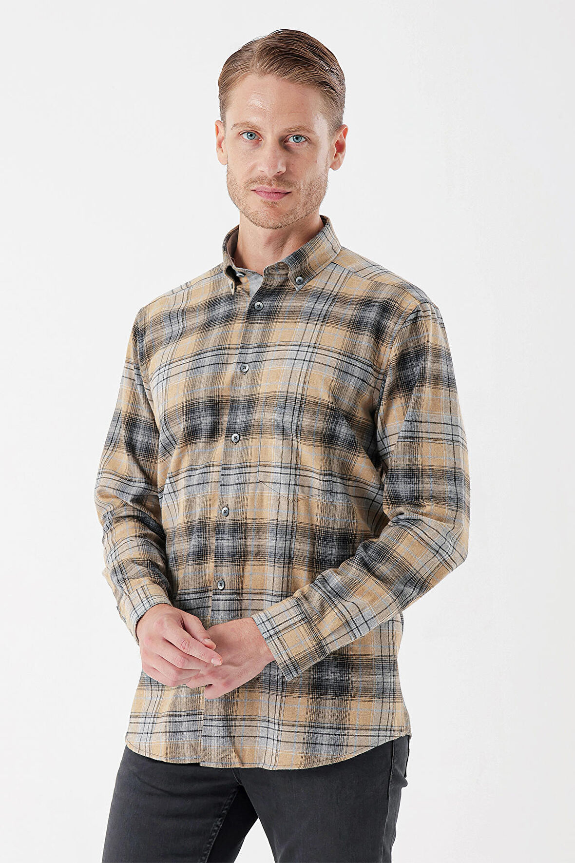 Uzun Kollu Ekoseli Gabardin Sert Yaka Cepli Garnili Casual Comfort Fit Gömlek 1004235112 Hardal