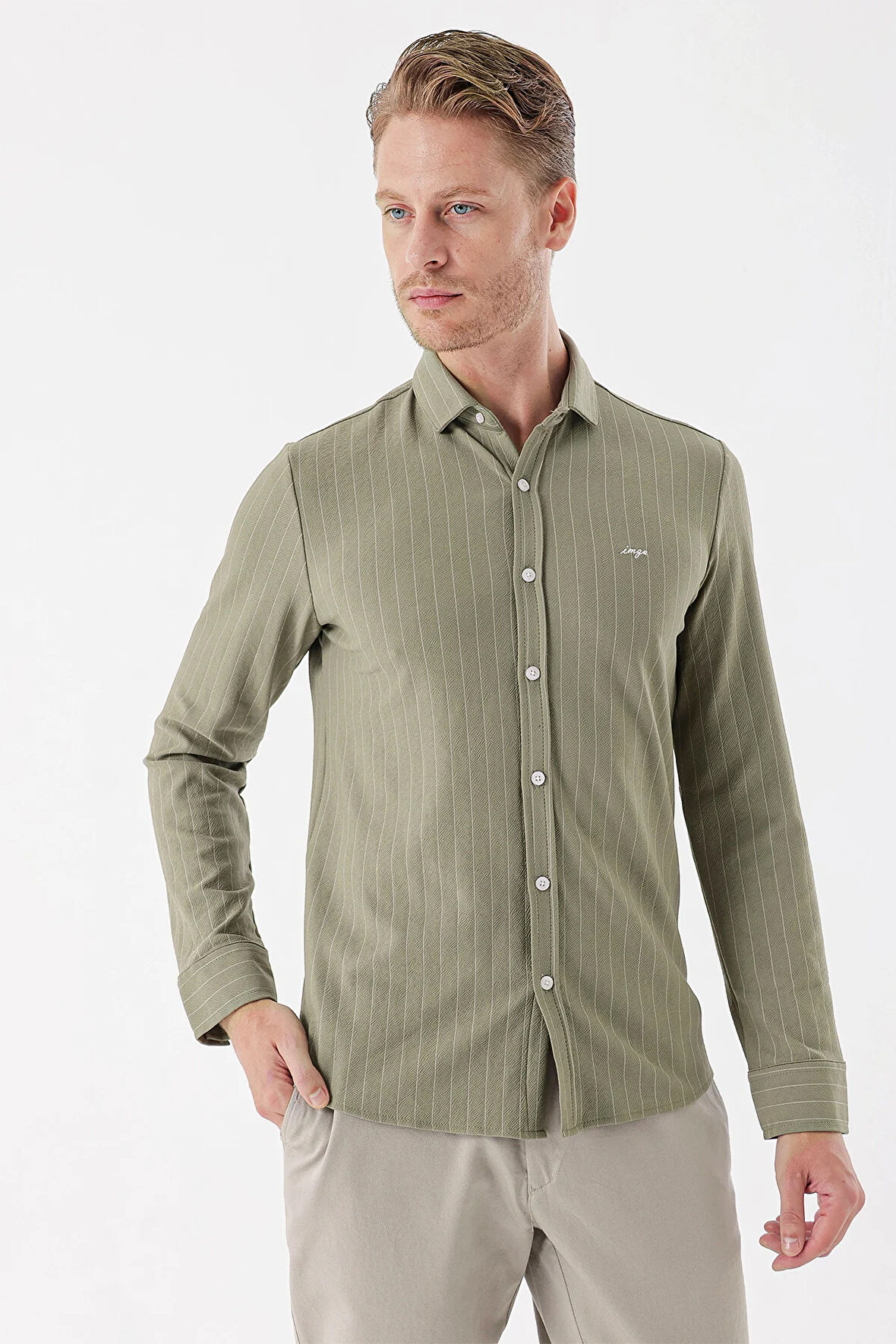 Koyu Haki Uzun Kollu Çizgili Örme Cepsiz Casual Slim Fit Dar Kesim Gömlek 1004235114