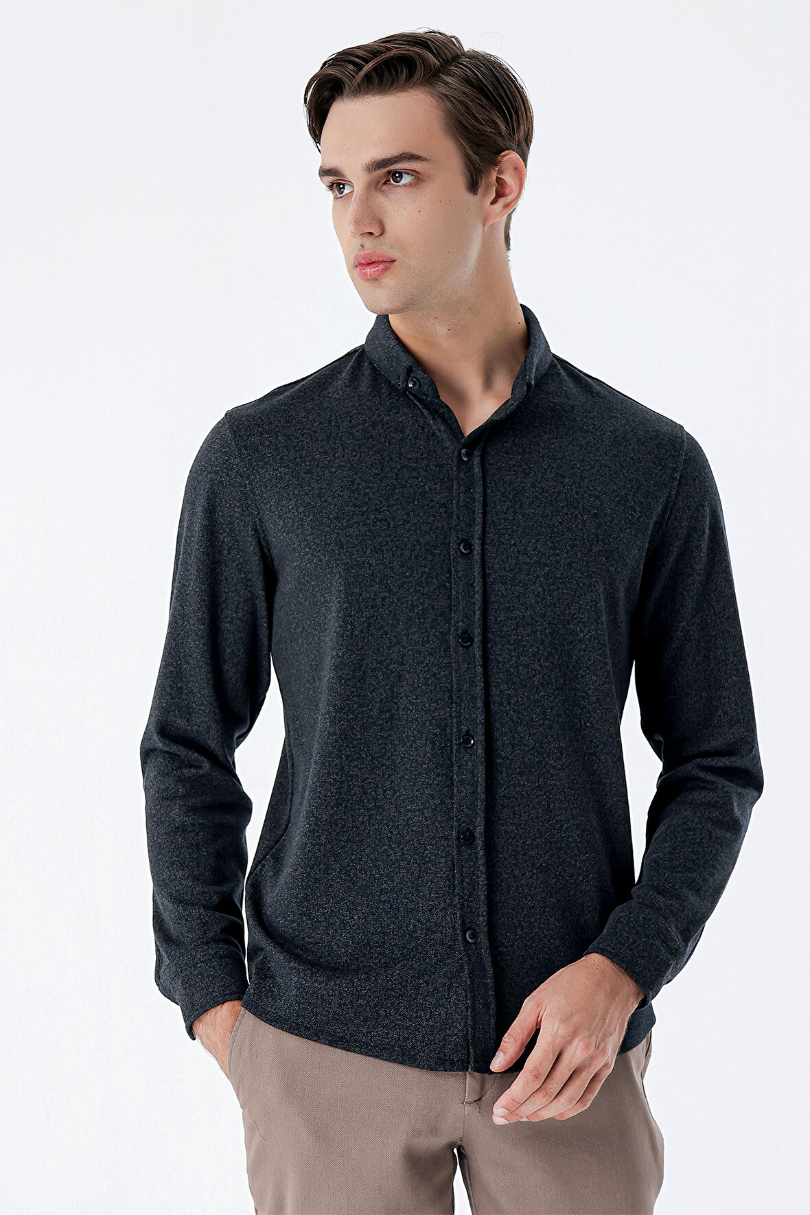 Koyu Haki Uzun Kollu Desenli Örme Cepsiz Likralı Casual Slim Fit Dar Kesim Gömlek 1004235115