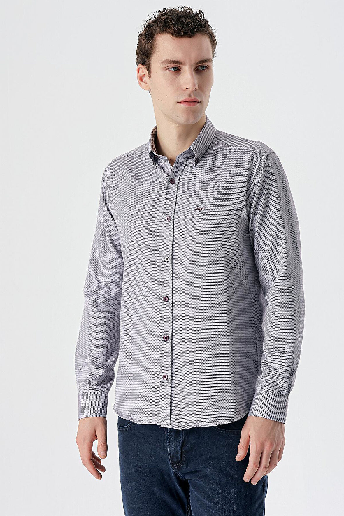 Bordo Uzun Kollu Desenli Armürlü Düğmeli Yaka Cepsiz  Pamuklu Klasik Slim Fit Gömlek 1004235148