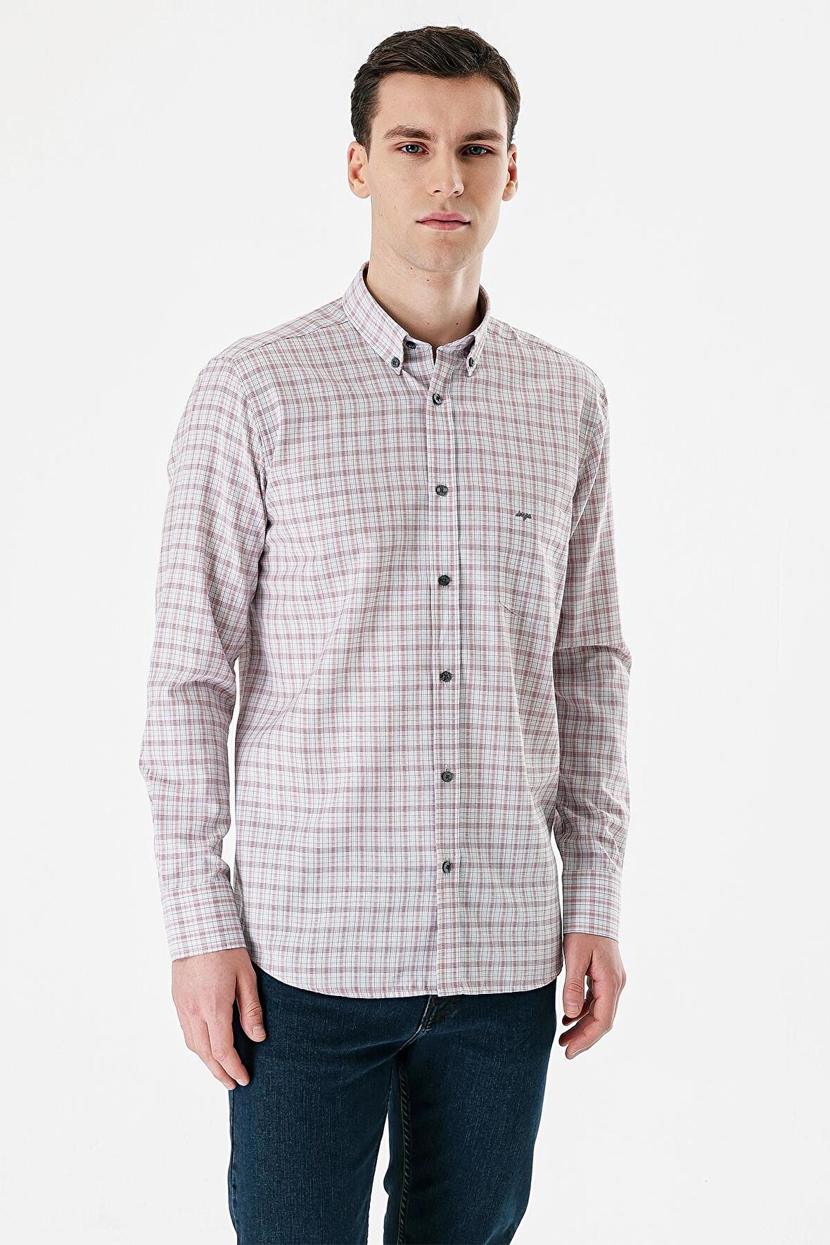 Bordo Uzun Kollu Kareli Bez Ayağı Düğmeli Yaka Cepli Pamuklu Comfort Fit Gömlek 1004235163