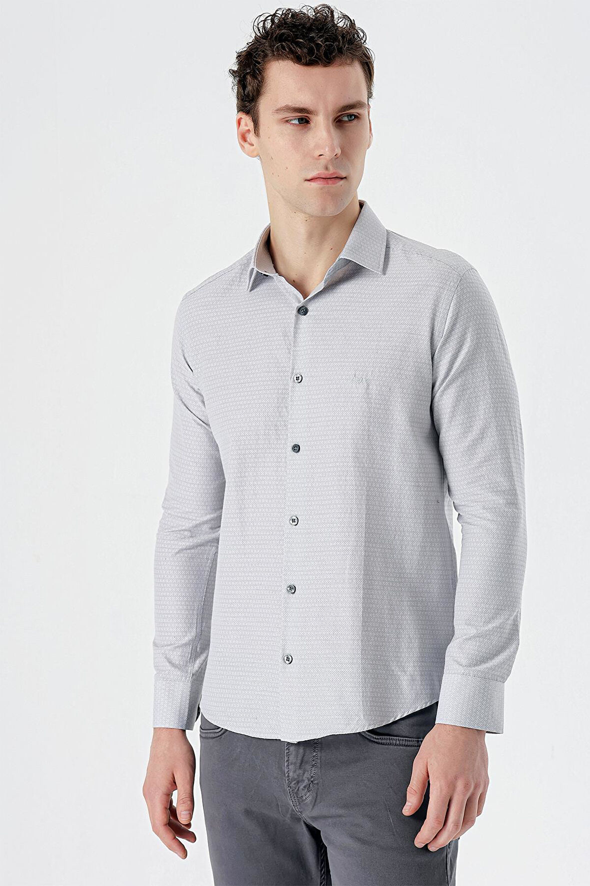 Gri Uzun Kollu Desenli Armürlü Sert Yaka Cepsiz Pamuklu Slim Fit Dar Kesim Gömlek 1004235168