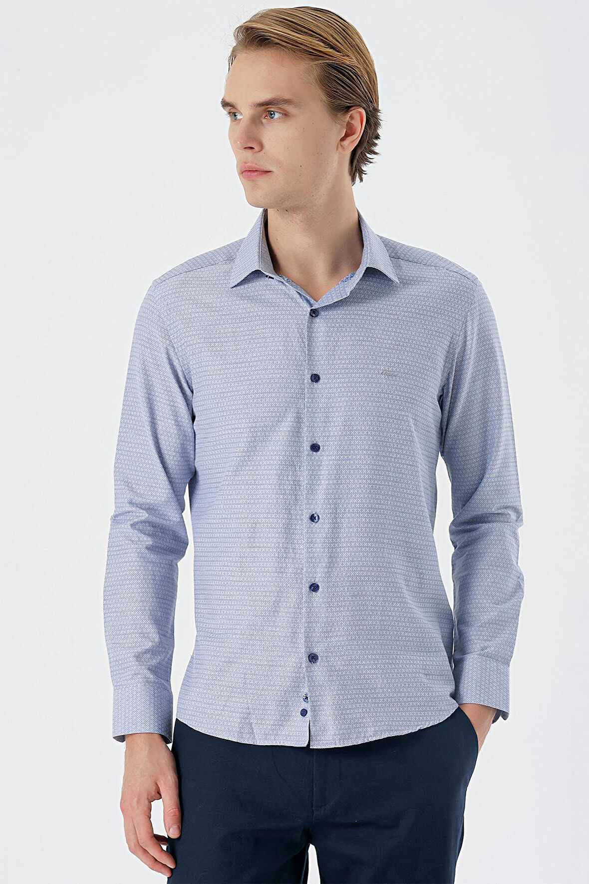 Koyu Lacivert Uzun Kollu Desenli Armürlü Sert Yaka Cepsiz Pamuklu Slim Fit Dar Kesim Gömlek 1004235168