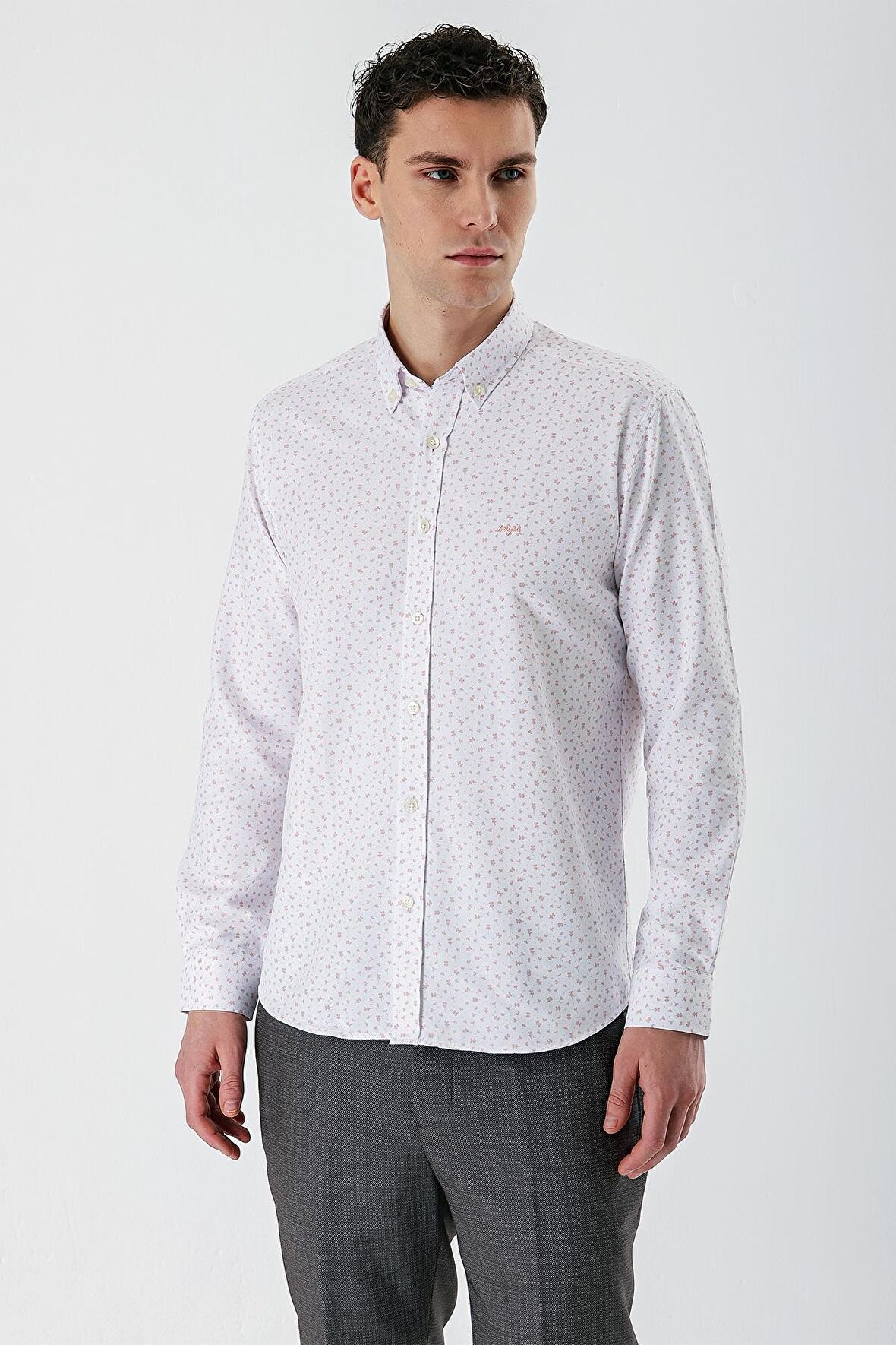 Ekru Uzun Kollu Baskılı Bez Ayağı Düğmeli Yaka Cepsiz Pamuklu Slim Fit Gömlek 1004235170