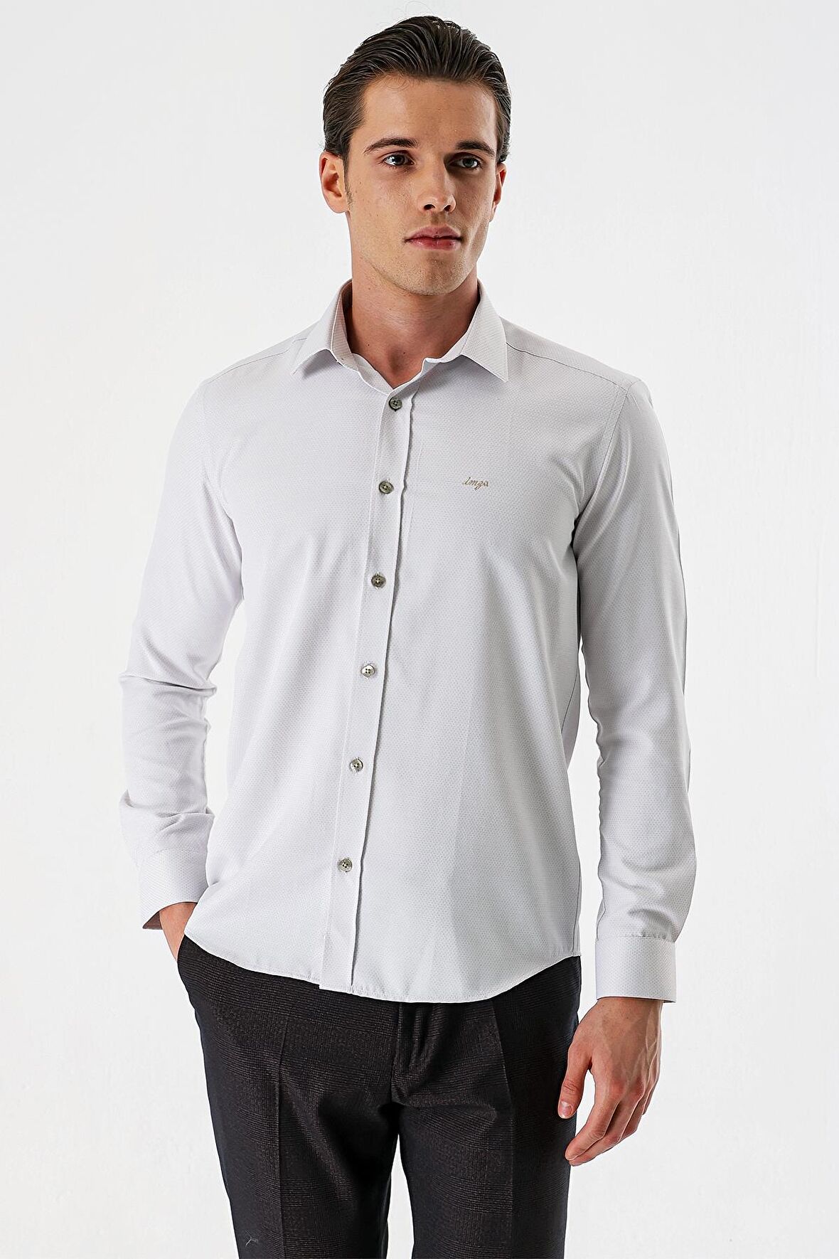 Açık Bej Uzun Kollu Desenli Armürlü Sert Yaka Cepsiz Pamuklu Slim Fit Dar Kesim Gömlek 1004235171