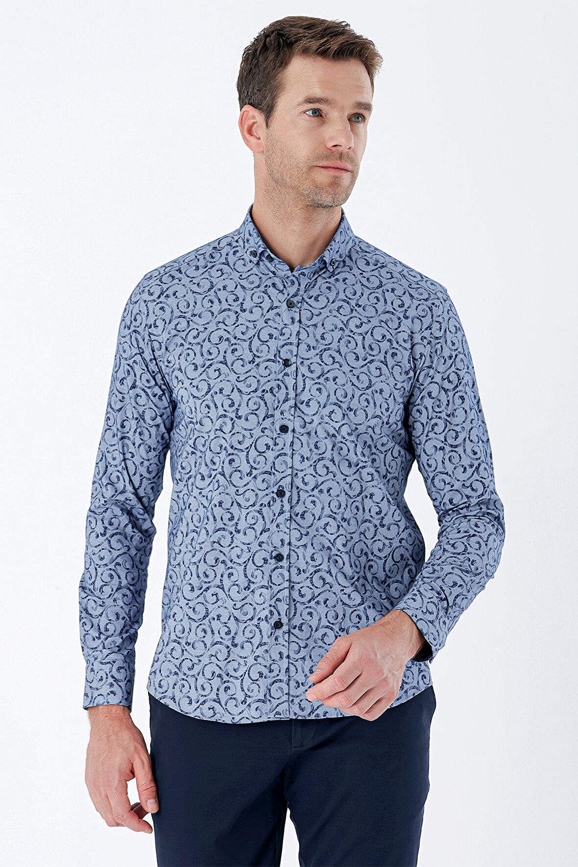 Koyu Lacivert Uzun Kollu Baskılı Bez Ayağı Cepsiz Pamuklu Likralı Klasik Slim Fit Gömlek 1004235208