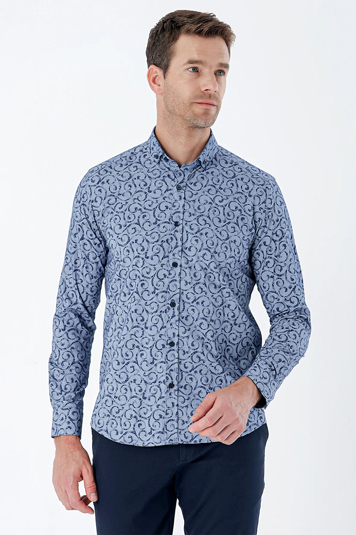 Koyu Lacivert Uzun Kollu Baskılı Bez Ayağı Cepsiz Pamuklu Likralı Klasik Slim Fit Gömlek 1004235208