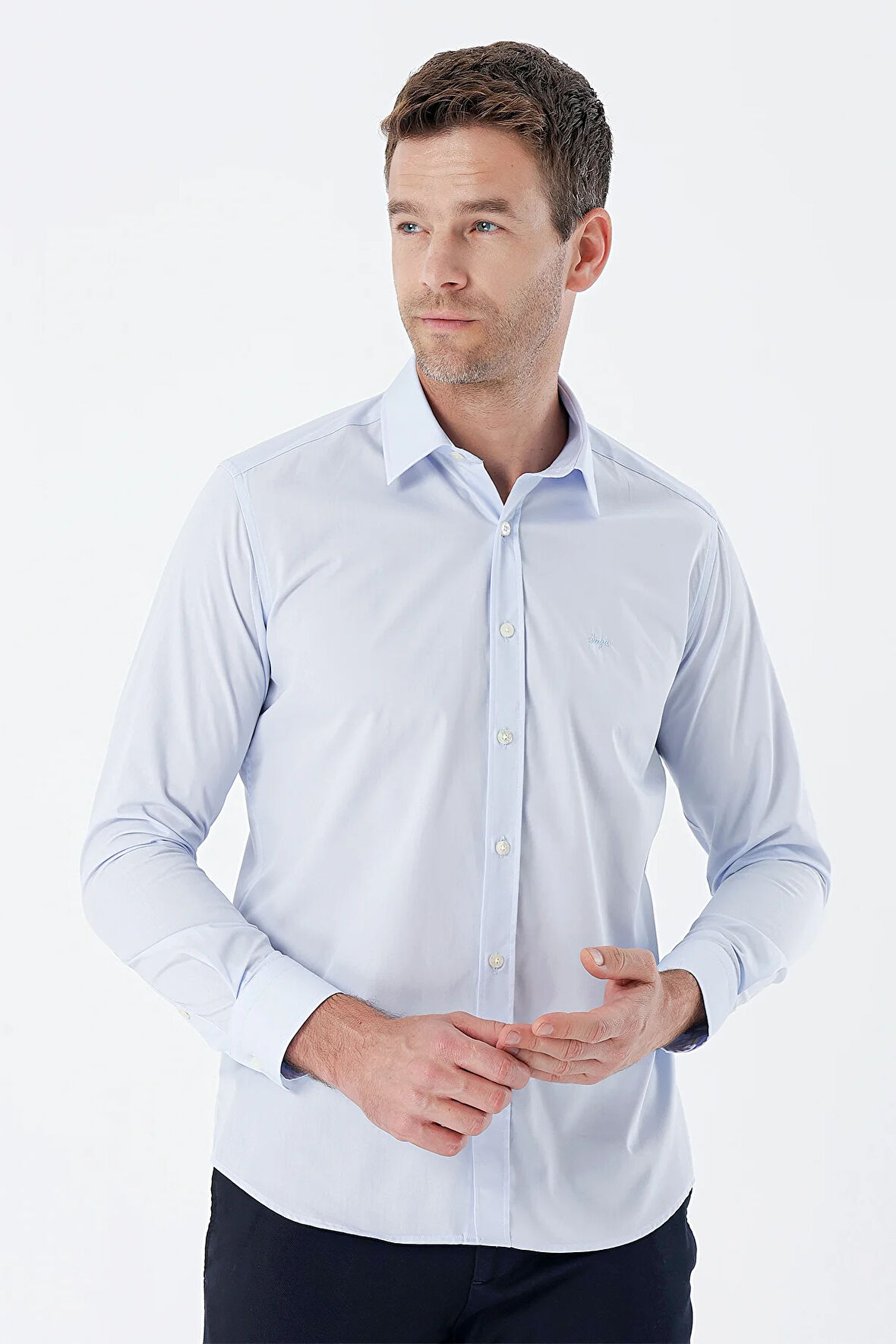 Koyu Mavi Uzun Kollu Bez Ayağı Sert Yaka Cepsiz Pamuklu Basic Slim Fit Dar Kesim Gömlek 1004235357