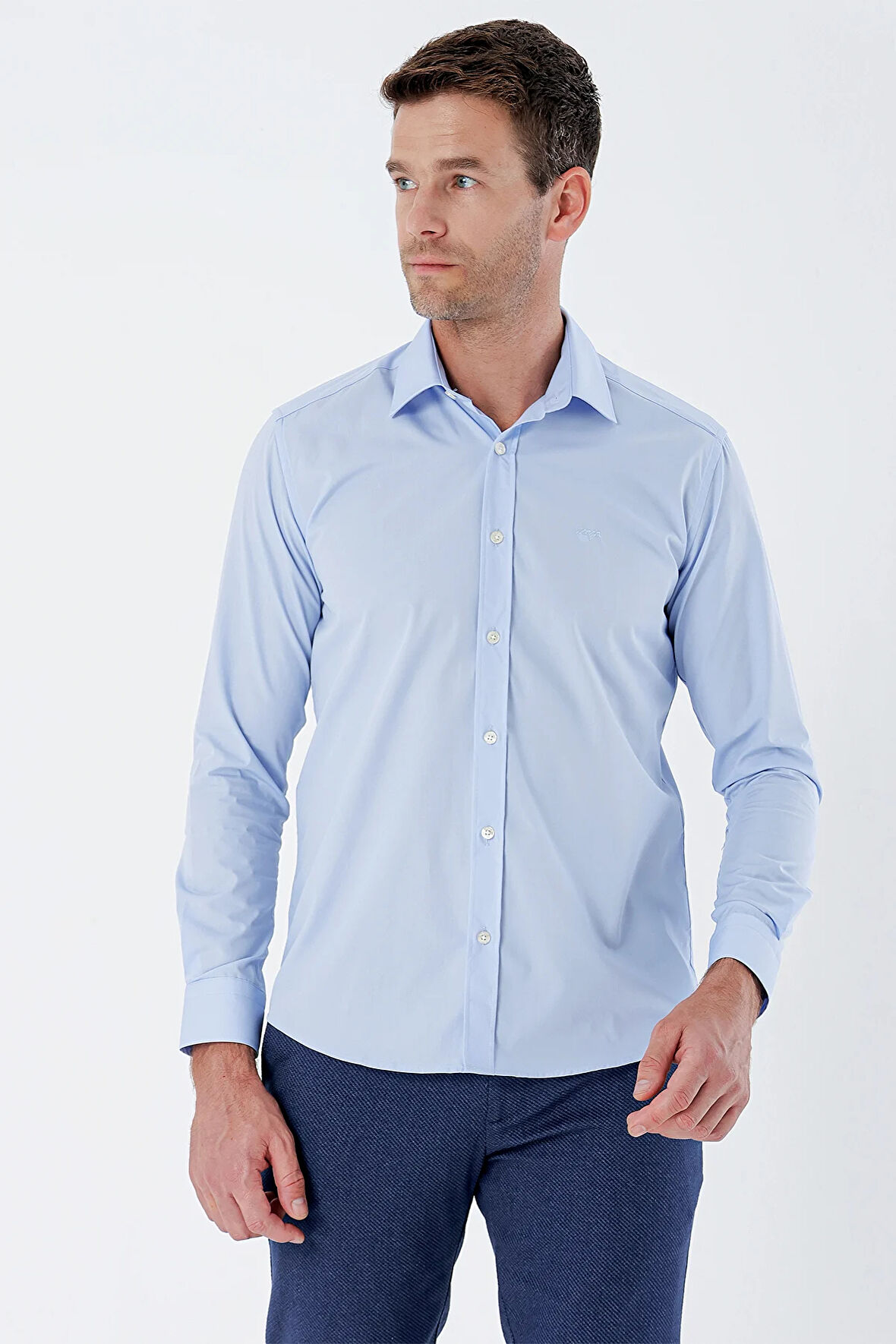 Mavi Uzun Kollu Bez Ayağı Sert Yaka Cepsiz Pamuklu Basic Slim Fit Dar Kesim Gömlek 1004235357