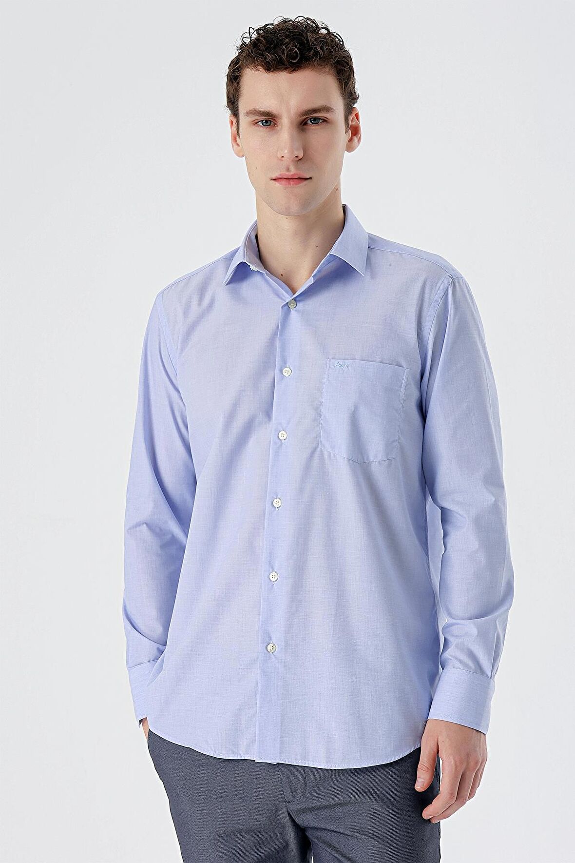 Mavi Uzun Kollu Filafil  Sert Yaka Cepli  Pamuklu Basic Comfort Fit Gömlek 1004240002