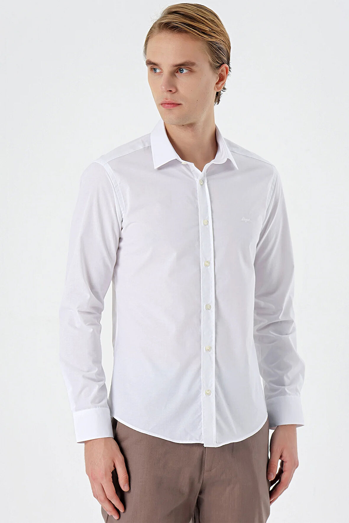 Beyaz Uzun Kollu Filafil  Sert Yaka Cepsiz  Pamuklu Basic Slim Fit Dar Kesim Gömlek 1004240008