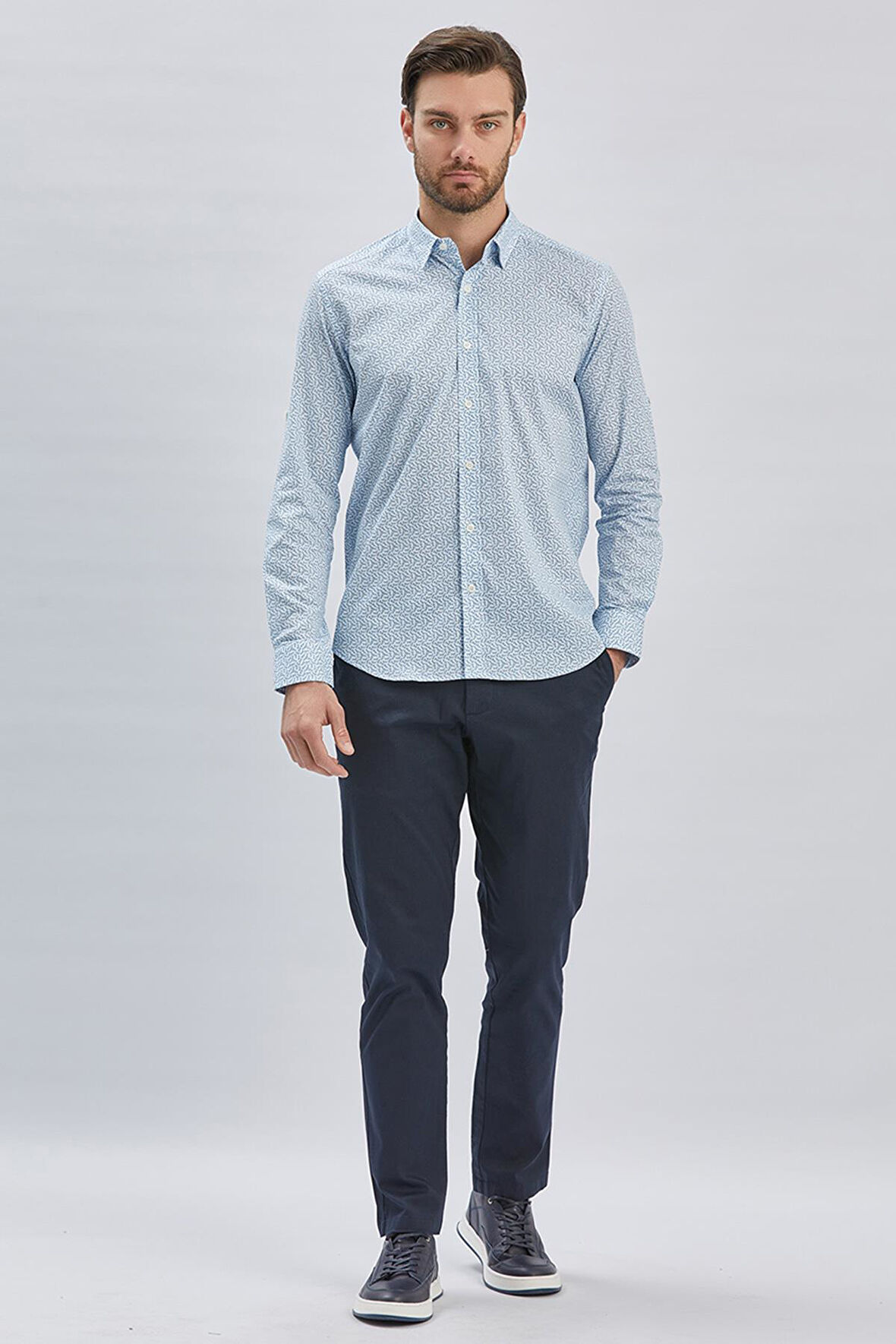Mavi Kısalabilir Kol Baskılı  Düğmeli Yaka Cepsiz  %97 Pamuk %3 Elastane Klasik Slim Fit Gömlek 1004240116