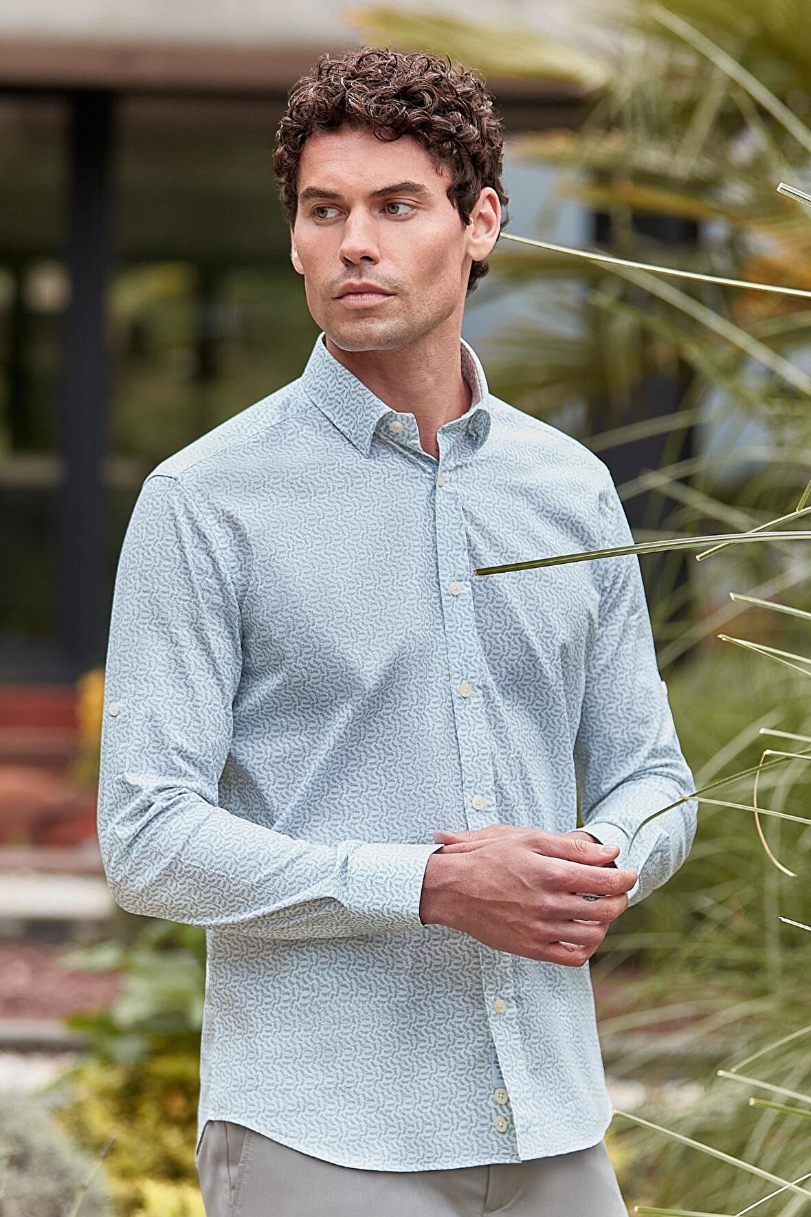 Koyu Haki Kısalabilir Kol Baskılı  Düğmeli Yaka Cepsiz  %97 Pamuk %3 Elastane Klasik Slim Fit Gömlek 1004240116