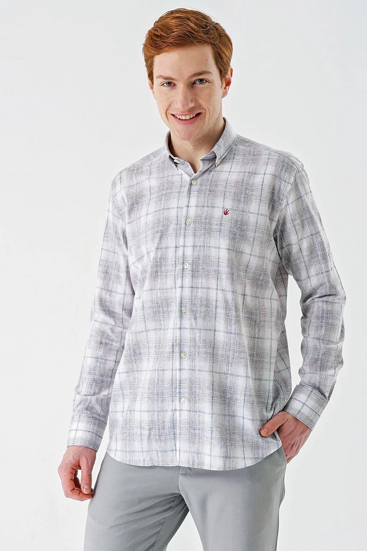 Koyu Kahverengi Kısalabilir Kol Ekoseli   Cepli Garnili Biyeli Pamuklu Keten  Comfort Fit Gömlek 1004240147