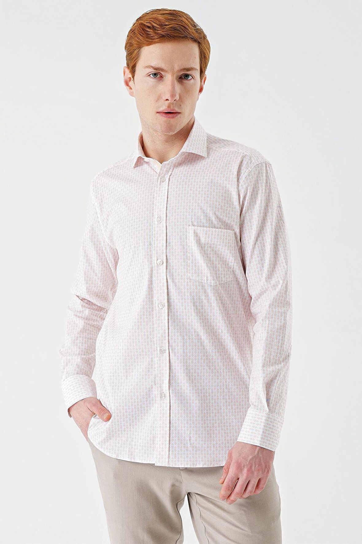 Somon Uzun Kollu Baskılı  İtalyan Yaka Cepli  Pamuklu Likralı  Comfort Fit Gömlek 1004240160