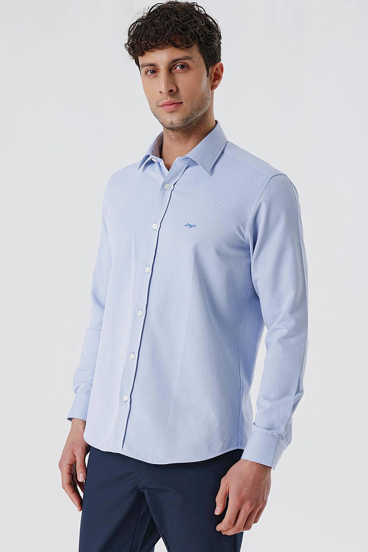 Mavi Uzun Kollu Armürlü Cepsiz Pamuklu Likralı Slim Fit Dar Kesim Gömlek 1004240193