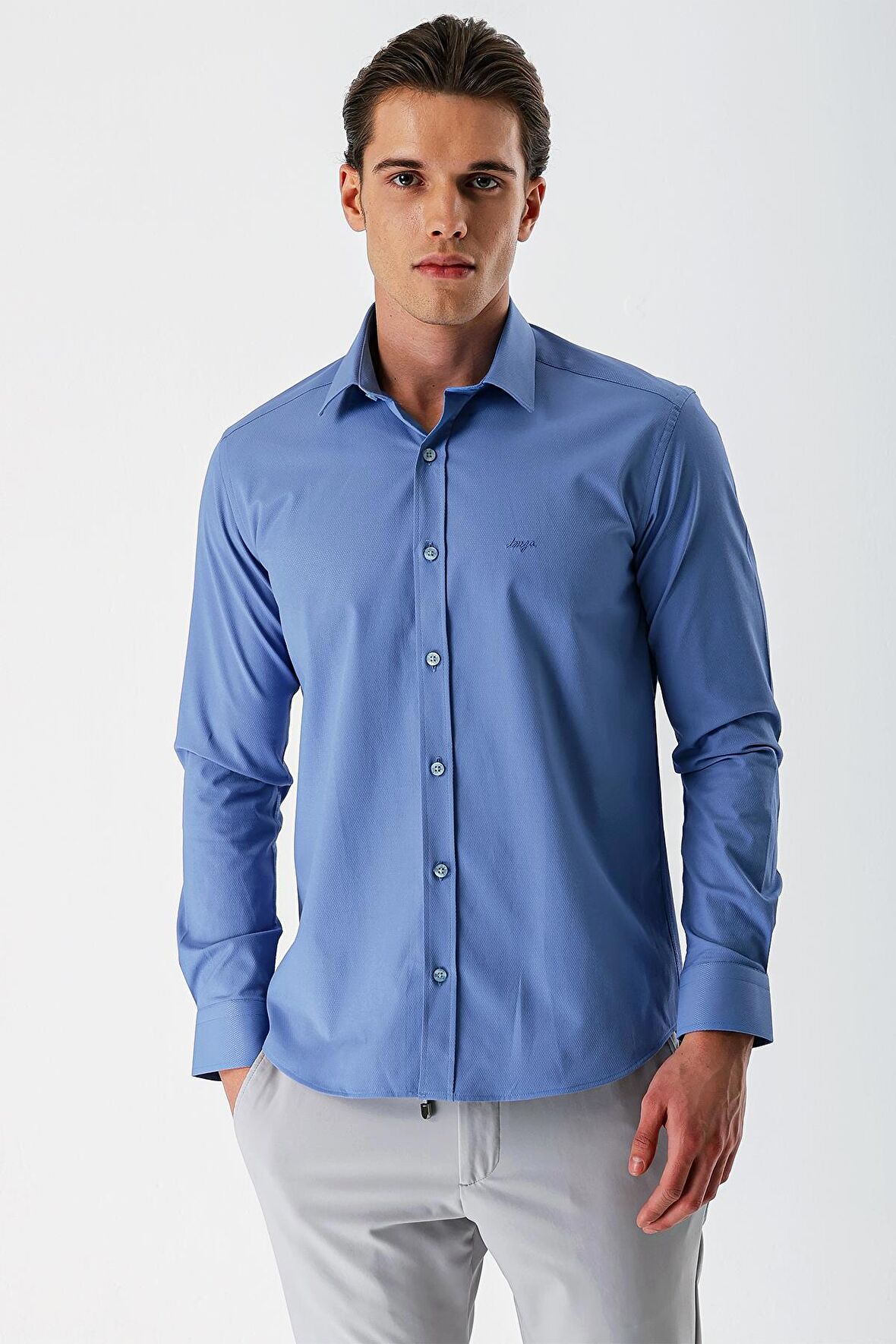 Mavi Uzun Kollu Armürlü Cepsiz Pamuklu Likralı Slim Fit Dar Kesim Gömlek 1004240193