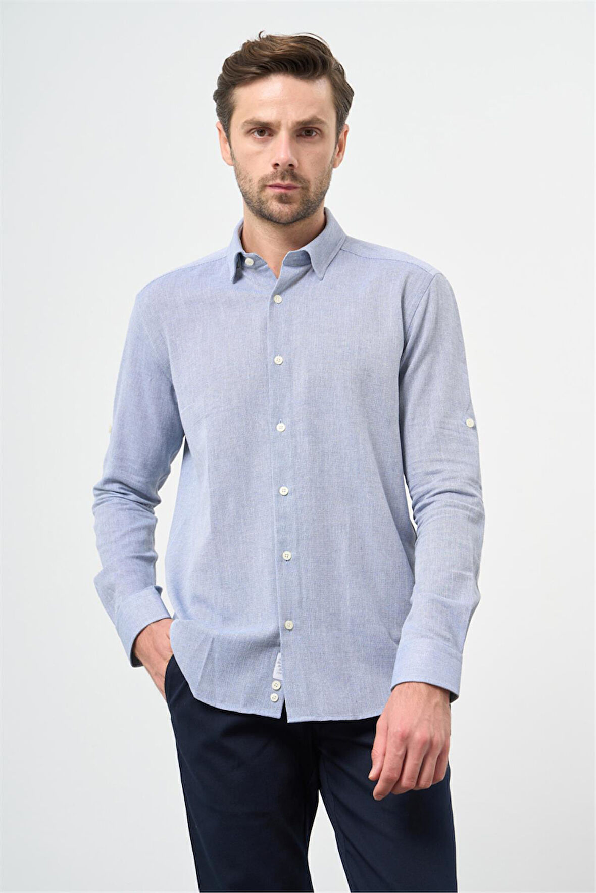 Mavi Kısalabilir Kollu Armürlü Biritli Yaka Pamuklu Casual Slim Fit Dar Kesim Gömlek 1004240202