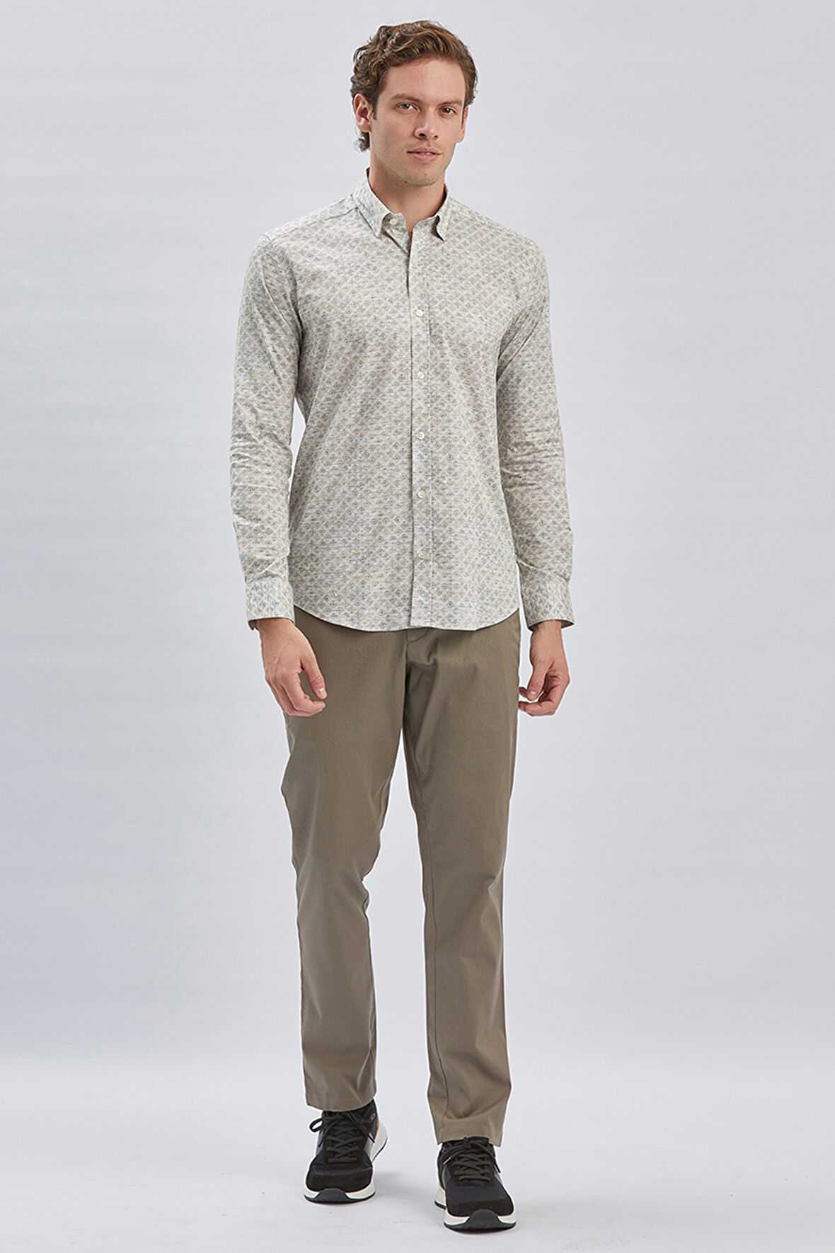 Bej Uzun Kollu Baskılı Biritli Yaka Cepsiz Pamuklu Klasik Slim Fit Dar Kesim Gömlek 1004240213