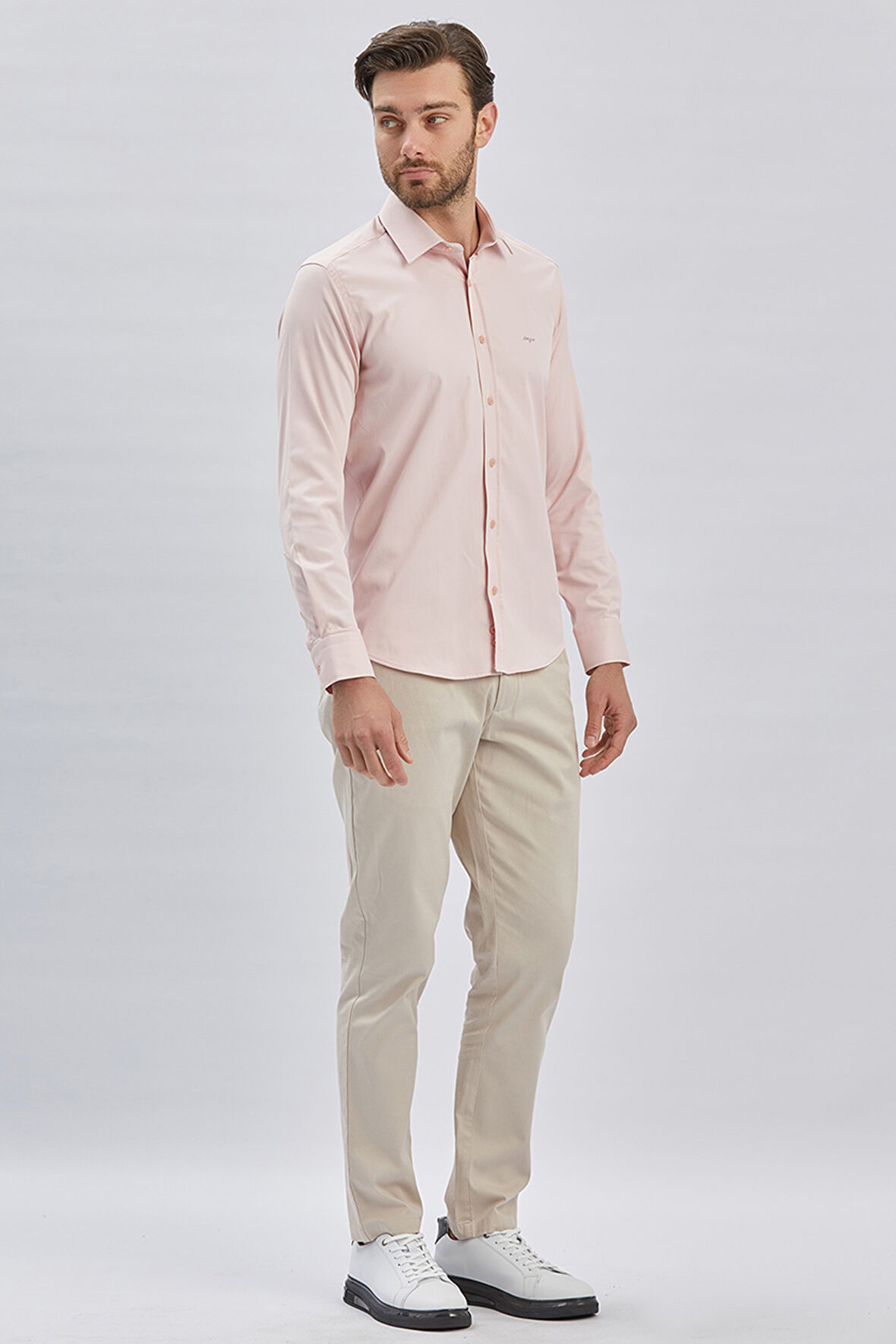 Somon Uzun Kollu Sert Yaka Cepsiz Pamuklu Likralı Klasik Slim Fit Dar Kesim Gömlek 1004240234