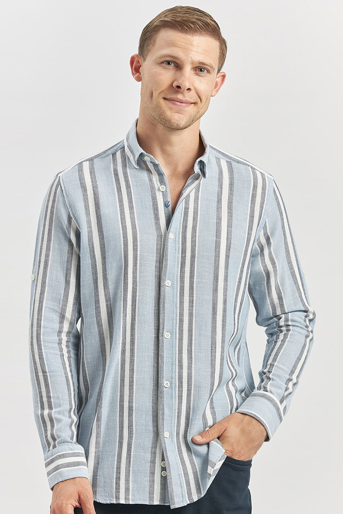 Koyu Mavi Kısalabilir Kollu Çizgili %100 Pamuk Casual Comfort Fit Gömlek 1004240246