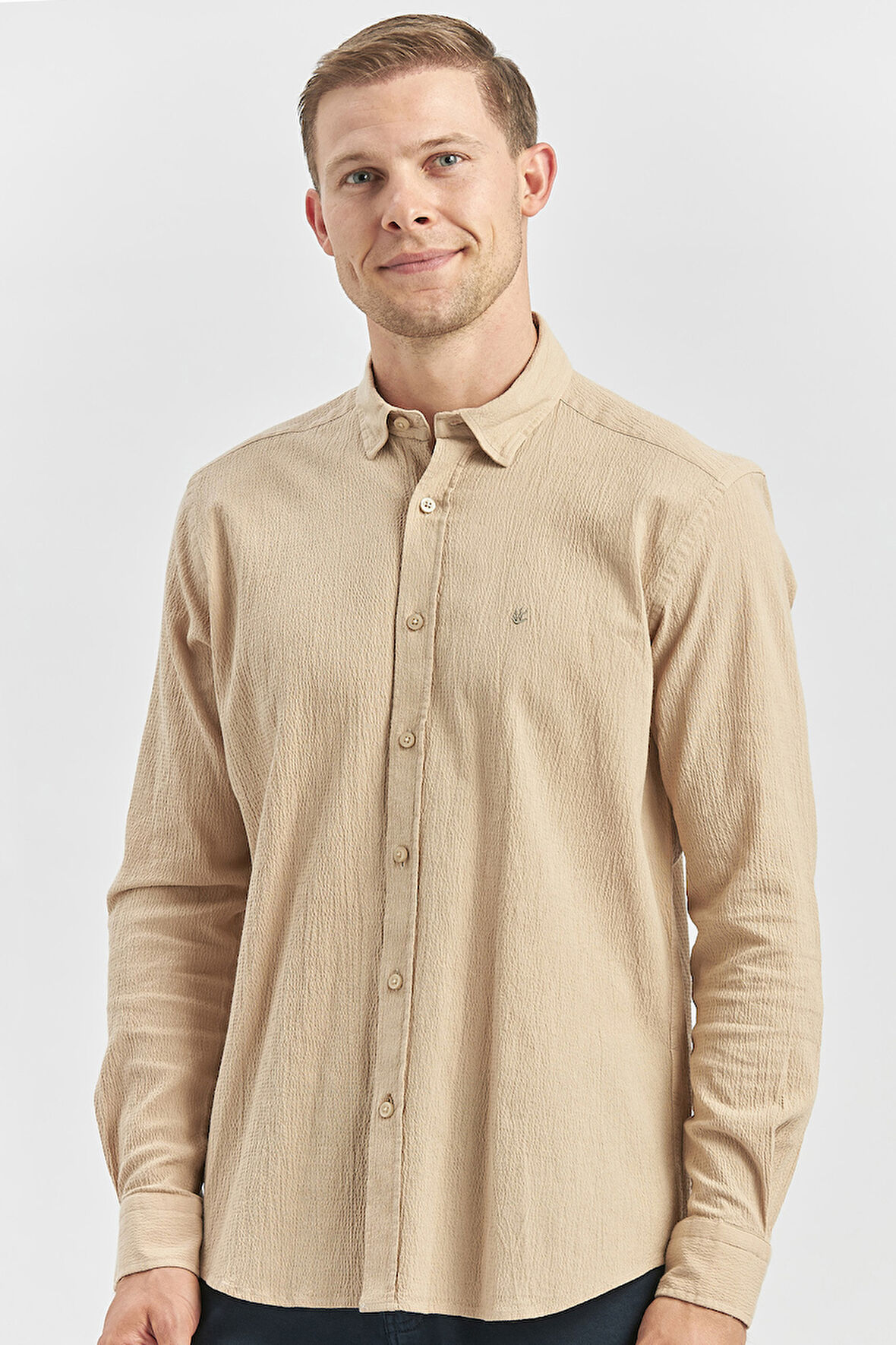 Kayısı Uzun Kollu Gofreli Biyeli %100 Pamuk Casual Slim Fit Dar Kesim Gömlek 1004240247