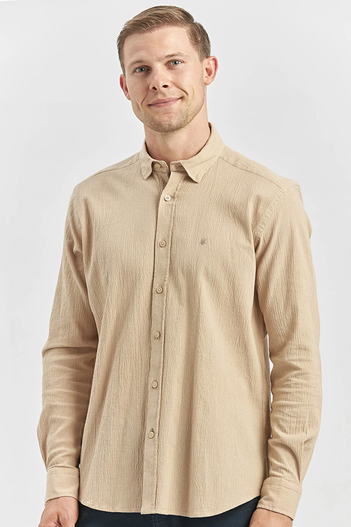 Kayısı Uzun Kollu Gofreli Biyeli %100 Pamuk Casual Slim Fit Dar Kesim Gömlek 1004240247