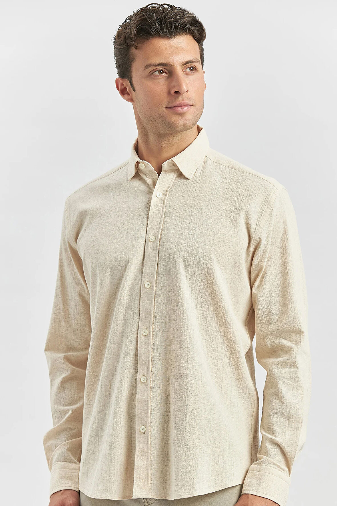 Bej Uzun Kollu Gofreli Biyeli %100 Pamuk Casual Slim Fit Dar Kesim Gömlek 1004240247