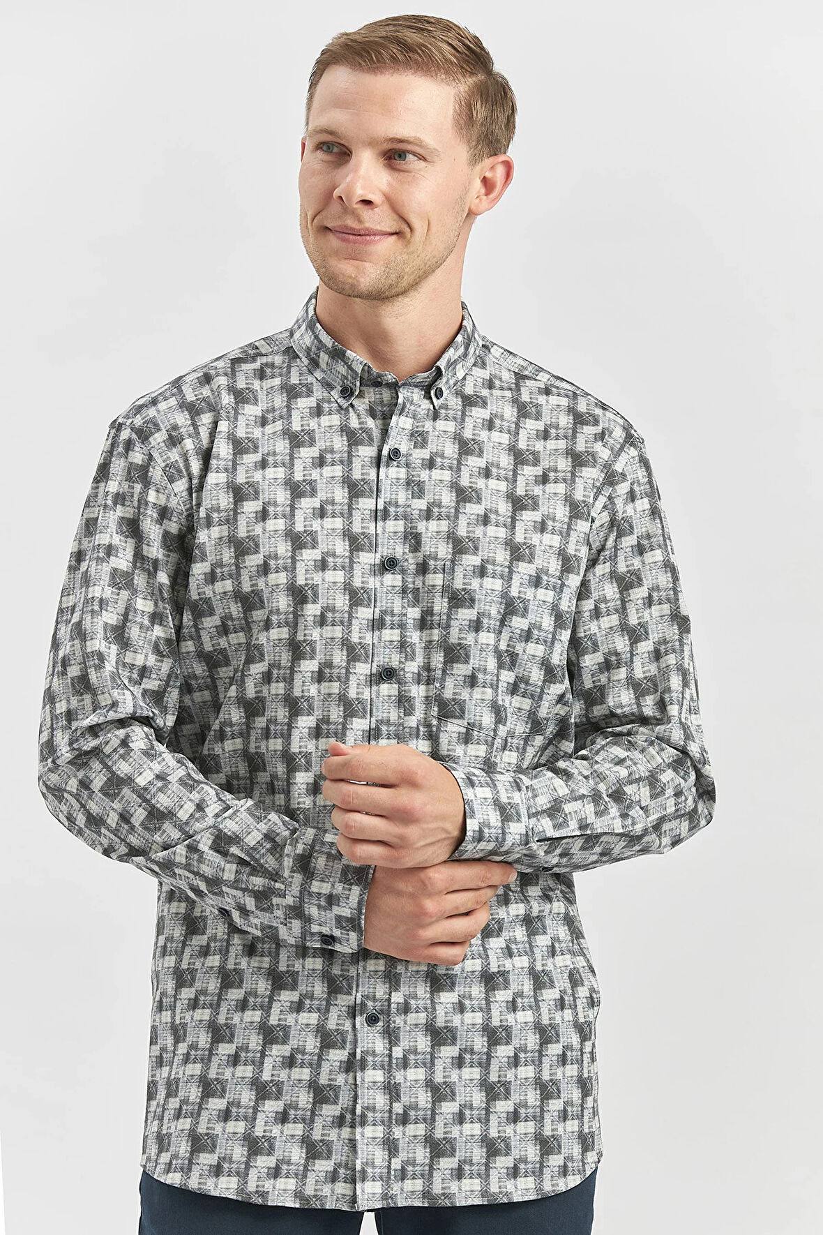 Gri Uzun Kol Kendinden Desenli BASKILI Perfectto Düğmeli Yaka Classic Comfort Fit Gömlek 1004240251