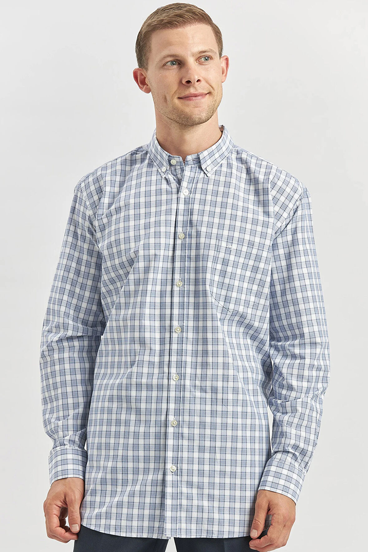 Koyu Lacivert Uzun Kol Ekose Desen Bez Ayağı Smart Düğmeli Yaka Classic Comfort Fit Gömlek 1004240253