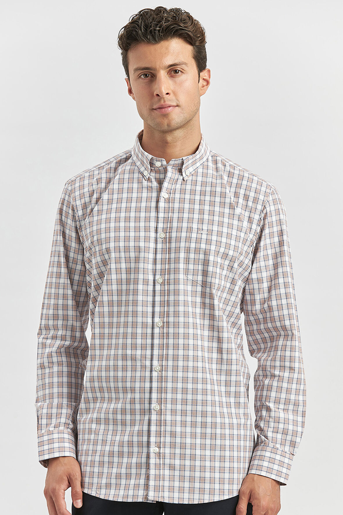 Kiremit Uzun Kol Ekose Desen Bez Ayağı Smart Düğmeli Yaka Classic Comfort Fit Gömlek 1004240253