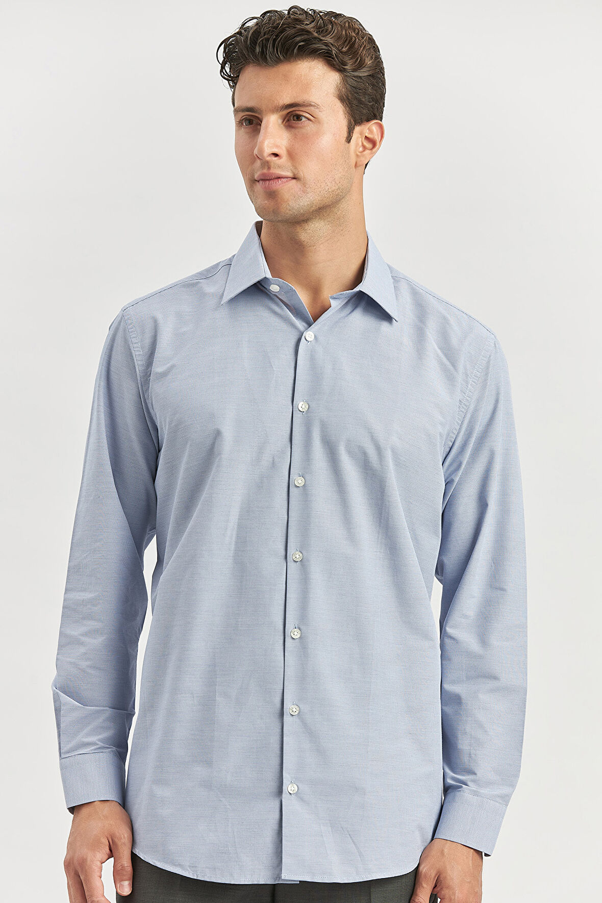 Koyu Lacivert Uzun Kol Kendinden Desenli Bez Ayağı 041 Sert Yaka Classic Comfort Fit Gömlek 1004240256