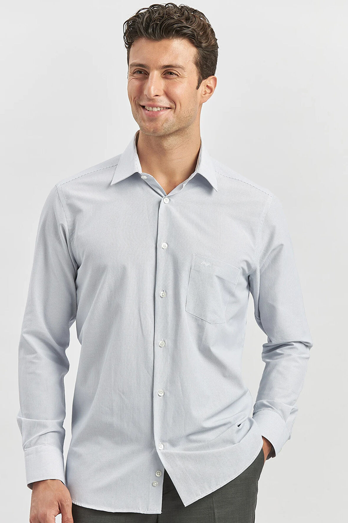 Koyu Lacivert Uzun Kol Çizgili Desen Bez Ayağı 041 Sert Yaka Classic Comfort Fit Gömlek 1004240261