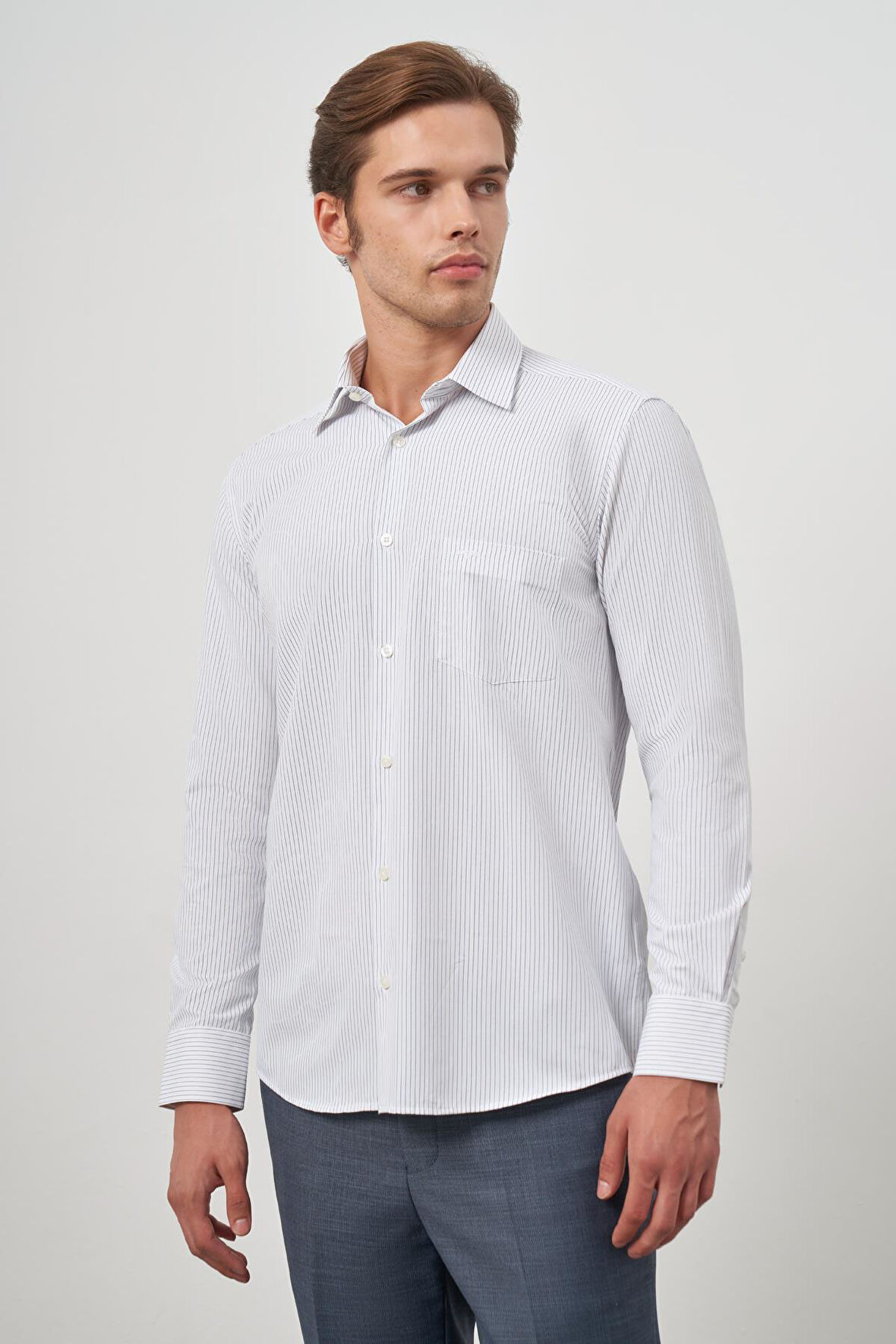 Koyu Lacivert Uzun Kol Çizgili Desen Bez Ayağı 041 Sert Yaka Classic Comfort Fit Gömlek 1004240263