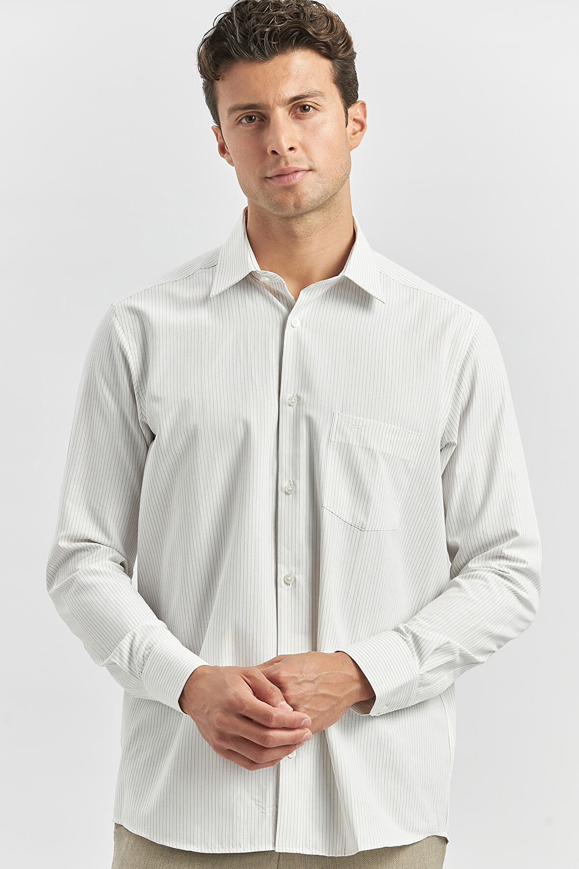 Bej Uzun Kol Çizgili Desen Bez Ayağı 041 Sert Yaka Classic Comfort Fit Gömlek 1004240263