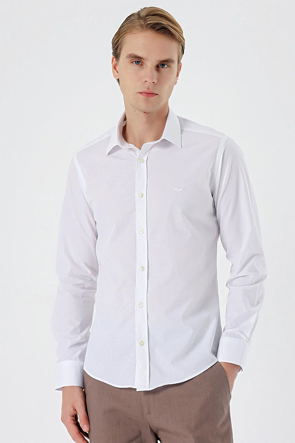 Beyaz Uzun Kol Filafil Desen Filafil Sert Yaka Cepsiz Pamuklu Basic Slim Fit Gömlek 1004245008