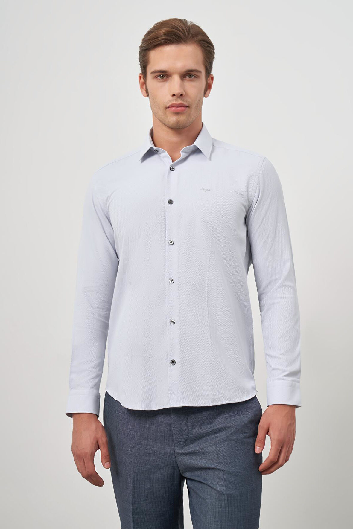 Gri Uzun Kol Kendinden Desenli Armürlü 032 Sert Yaka Classic Slim Fit Gömlek 1004245151