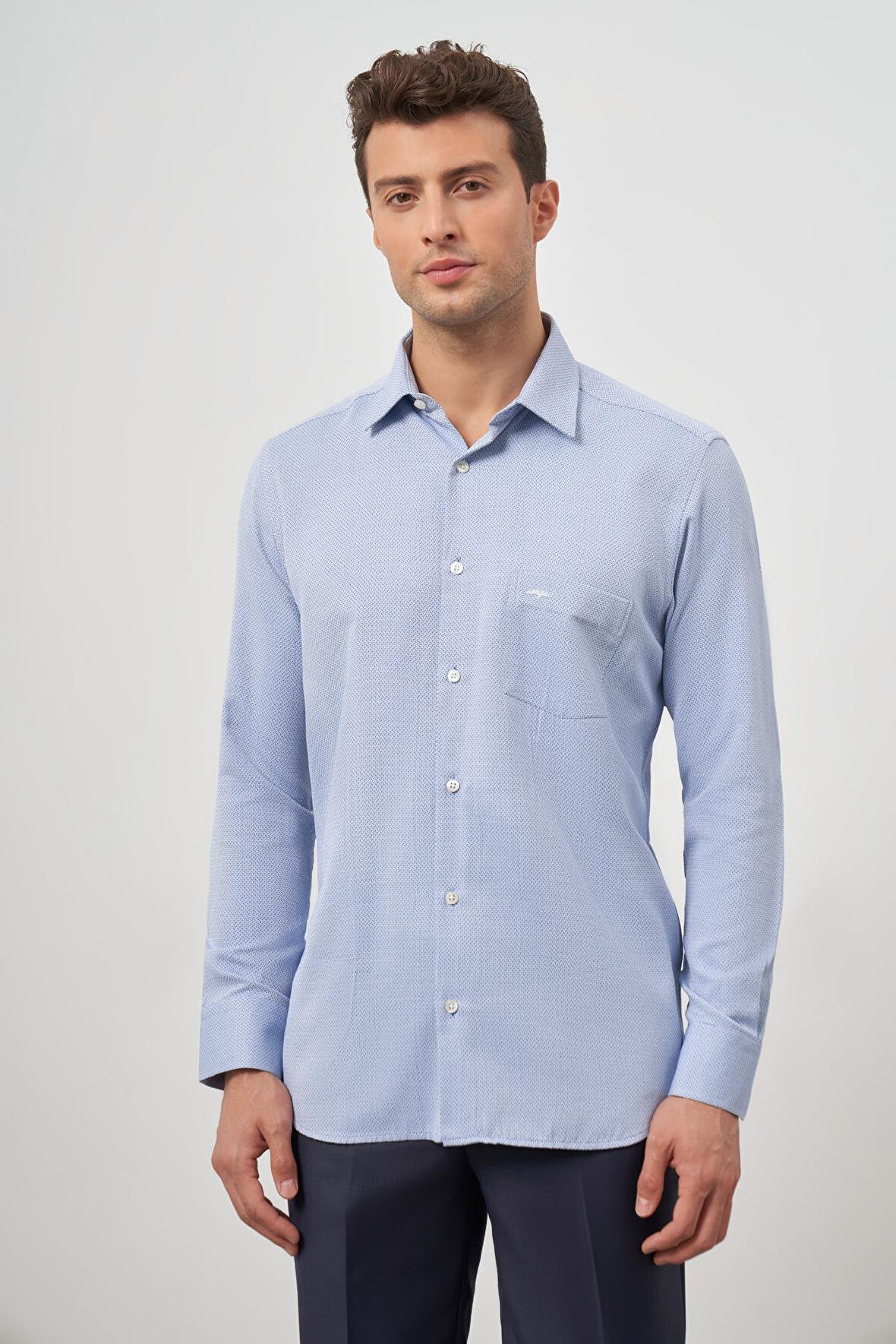 Koyu Lacivert Uzun Kol Kendinden Desenli Armürlü 041 Sert Yaka Classic Comfort Fit Gömlek 1004245156