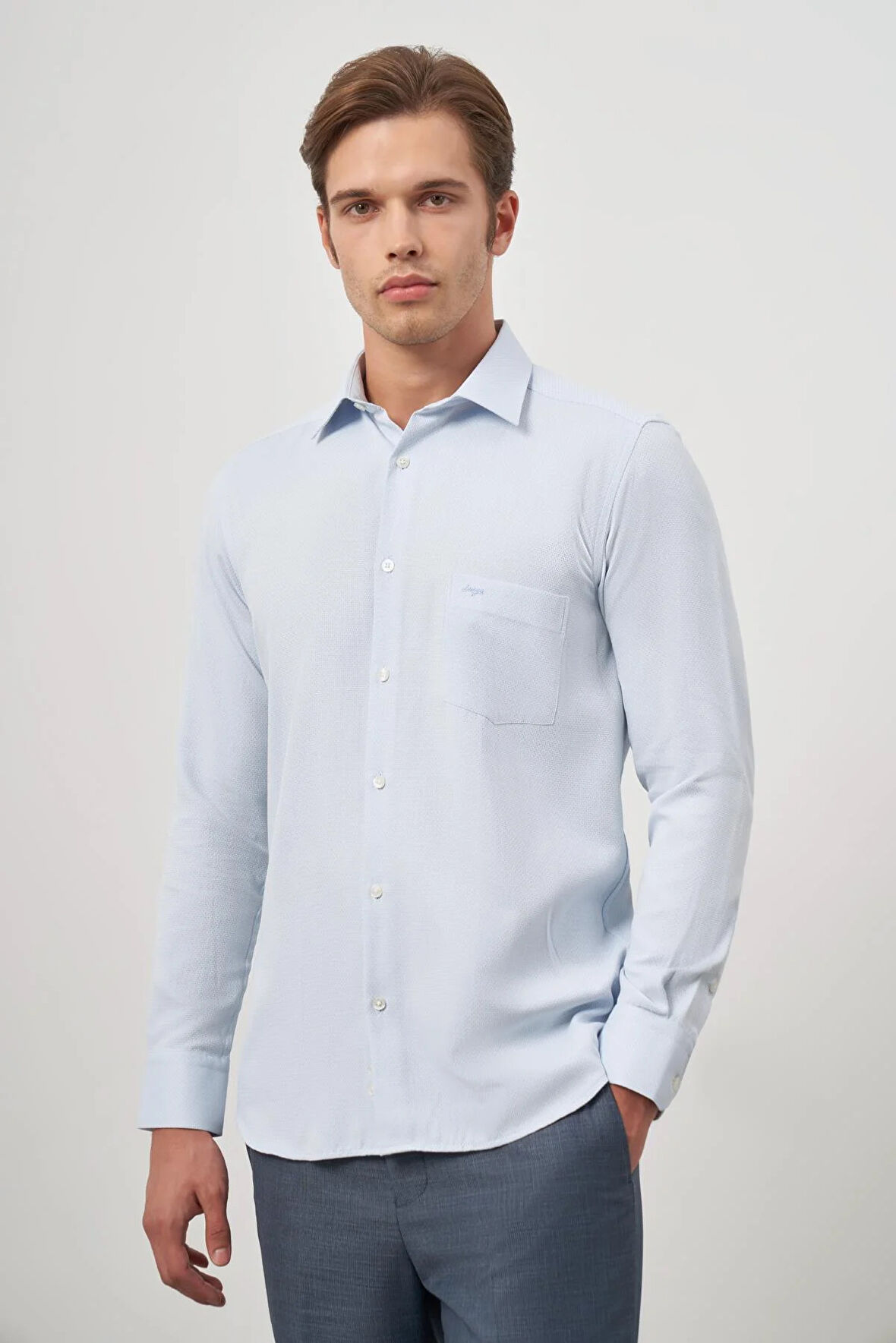 Koyu Mavi Uzun Kol Kendinden Desenli Armürlü 041 Sert Yaka Classic Comfort Fit Gömlek 1004245156