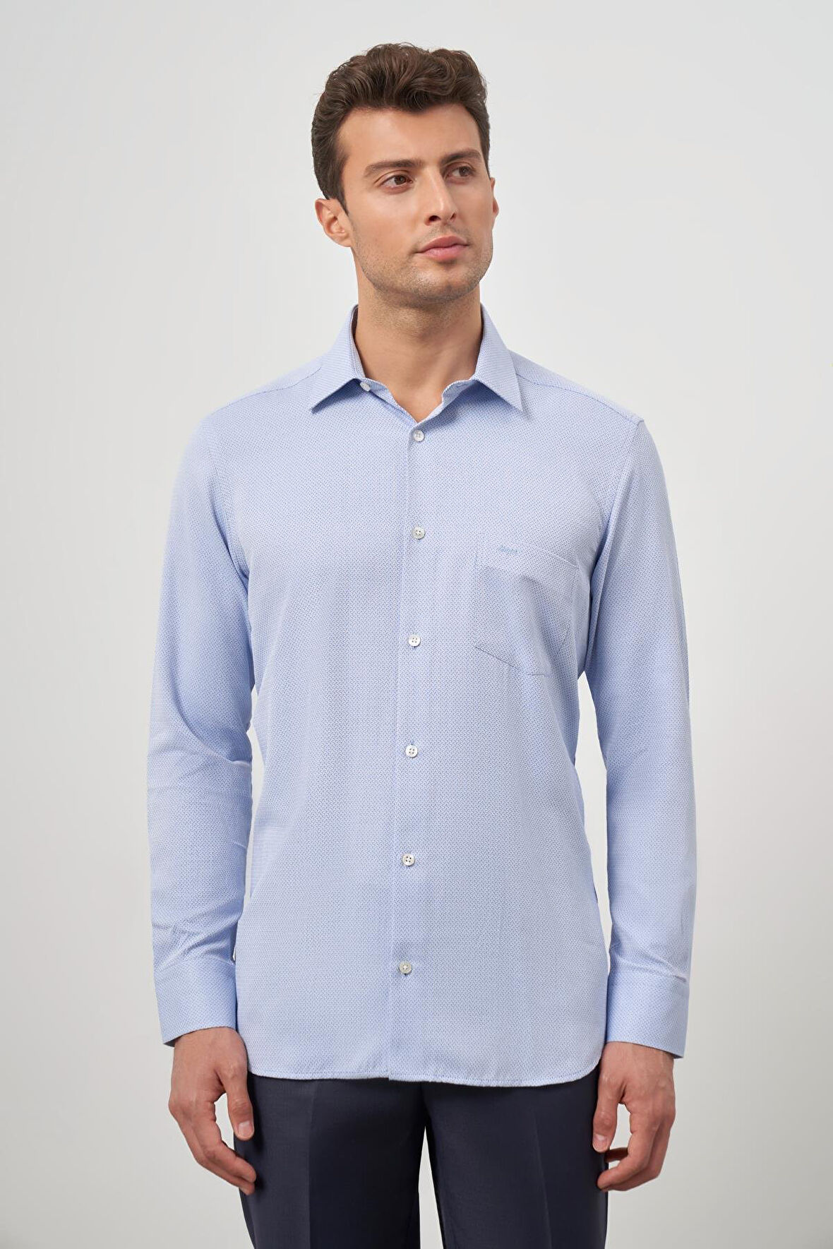 Mavi Uzun Kol Kendinden Desenli Armürlü 041 Sert Yaka Classic Comfort Fit Gömlek 1004245156