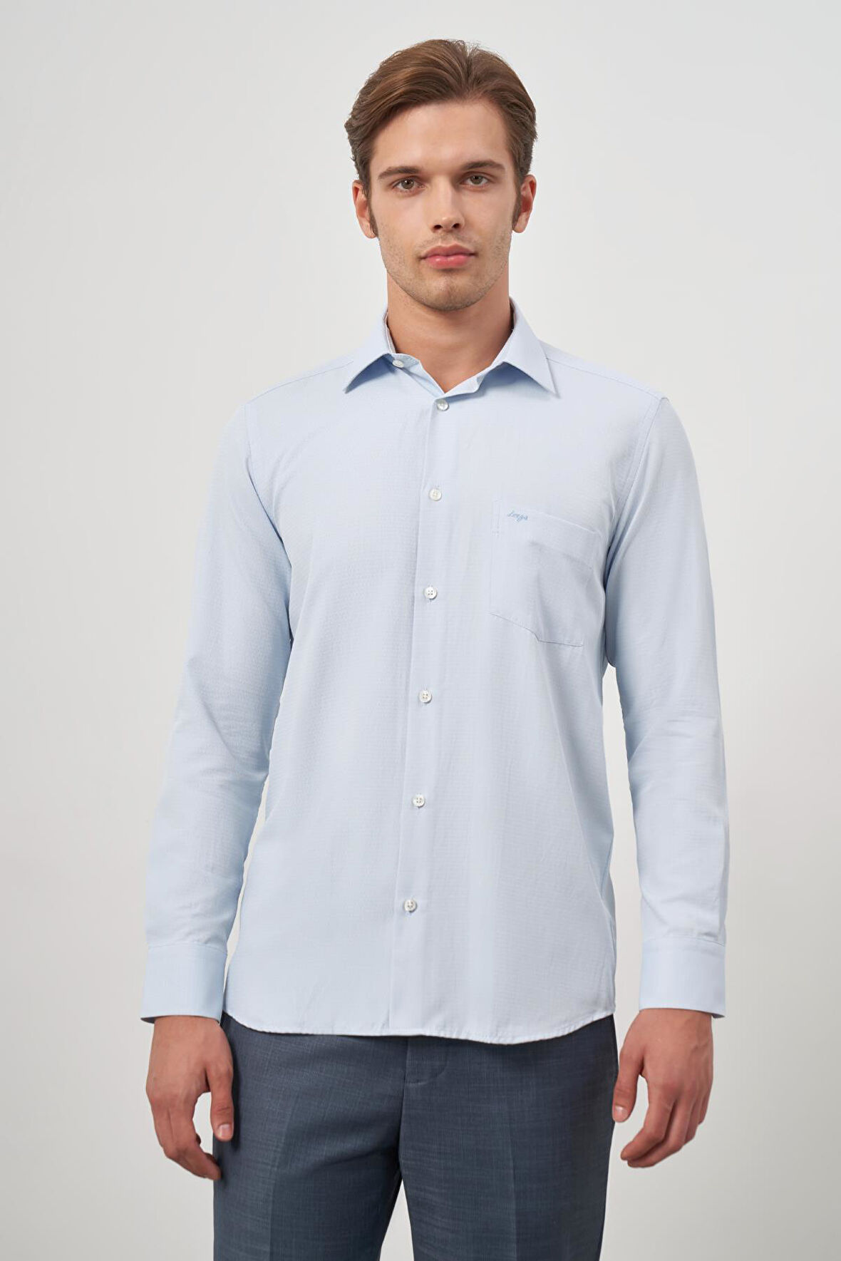 Koyu Mavi Uzun Kol Kendinden Desenli Armürlü 041 Sert Yaka Classic Comfort Fit Gömlek 1004245157