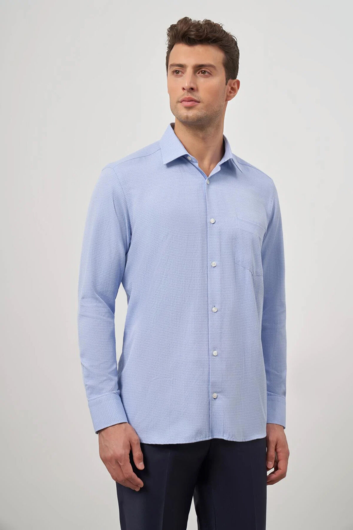 Mavi Uzun Kol Kendinden Desenli Armürlü 041 Sert Yaka Classic Comfort Fit Gömlek 1004245157