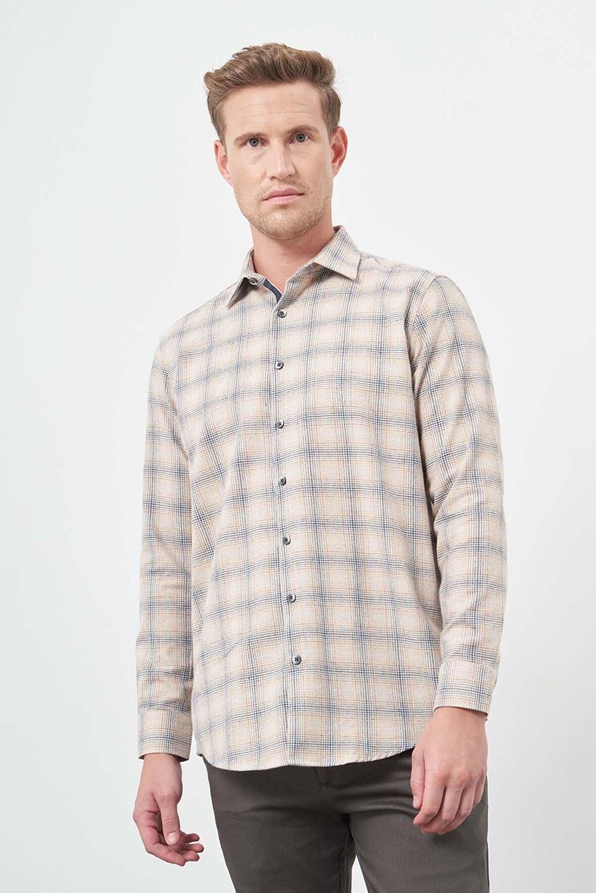 Turuncu Uzun Kol Ekose Desen Gabardin Sert Yaka Cepsiz Pamuklu Classic Comfort Fit Gömlek 1004245165